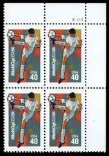 US World Cup Soccer 40c Stamp Plate Block of 4 Scott #2835
