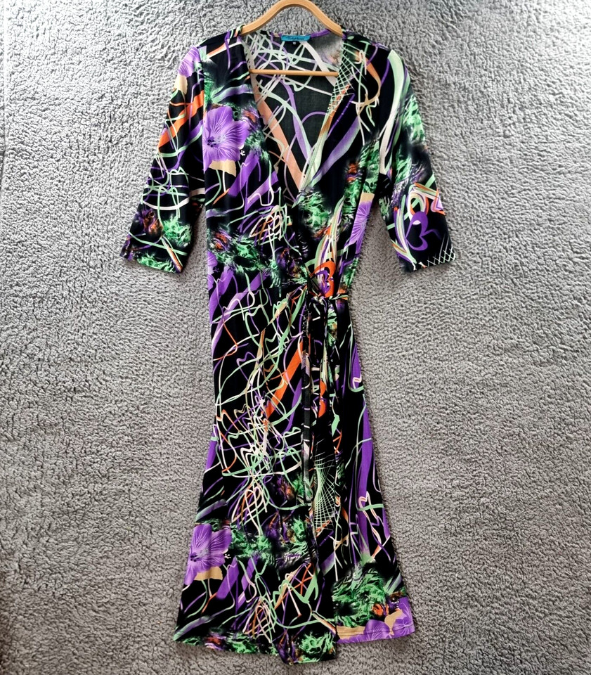 Womens A-line Midi Wrap Dress Size 10 Multicoloured Stretch Knit Short Sleeve