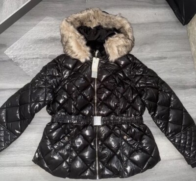 Ladies Size 18 River Island Black Puffer Jacket Coat Belted Faux