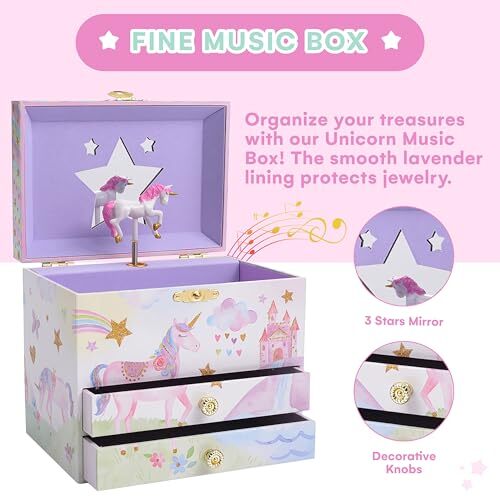 Joyero Musical con 2 Cajones Extraíbles - Regalos Unicornio Para Fiesta Unicornio - Imagen 6 de 7