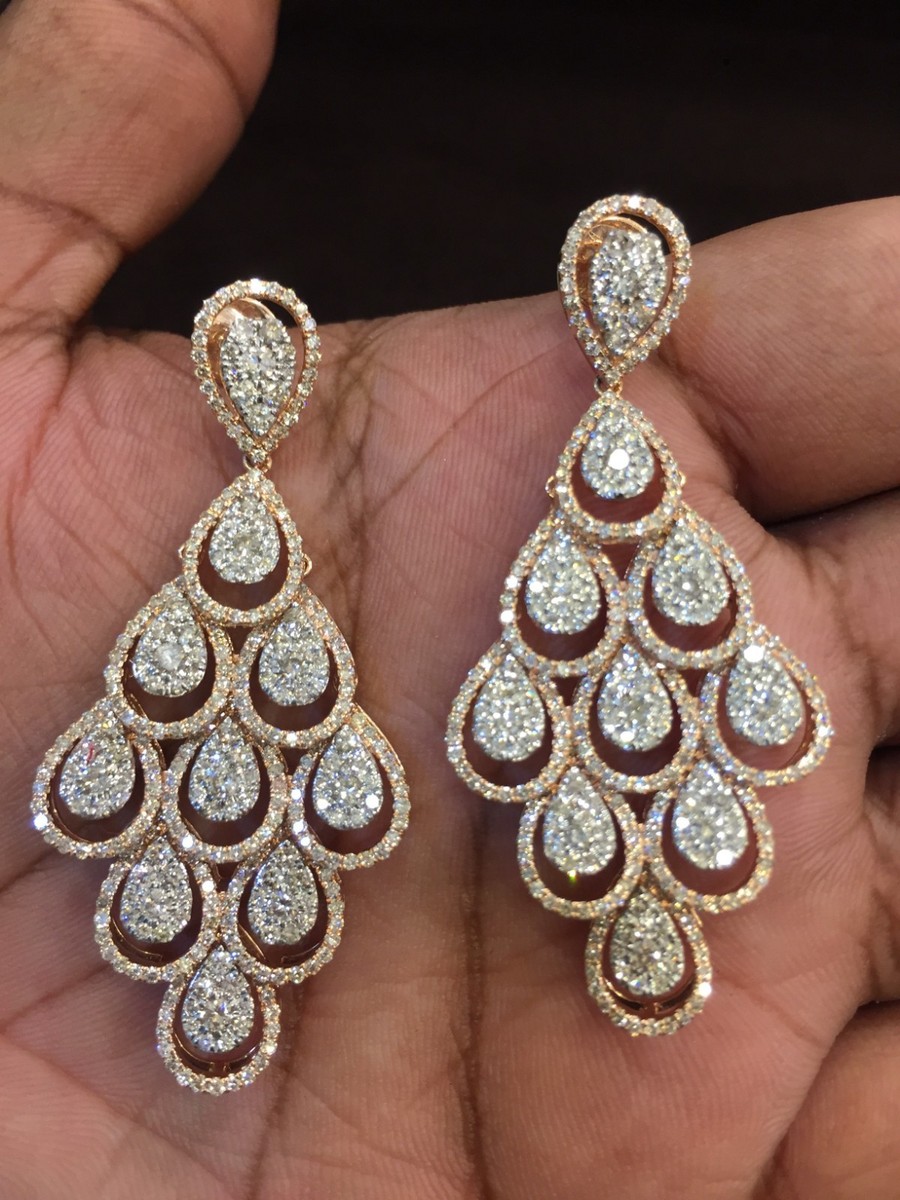 Pave Cts Round Brilliant Cut Diamonds Chandelier Earrings In