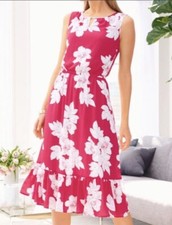 TALBOTS Bright Pink White Floral Ruffled Hem Midi Length Sleeveless Dress Sz 16