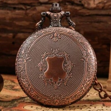 Red Copper Shield Design Antique Unisex Quartz Pocket Watch FOB Pendant Chain