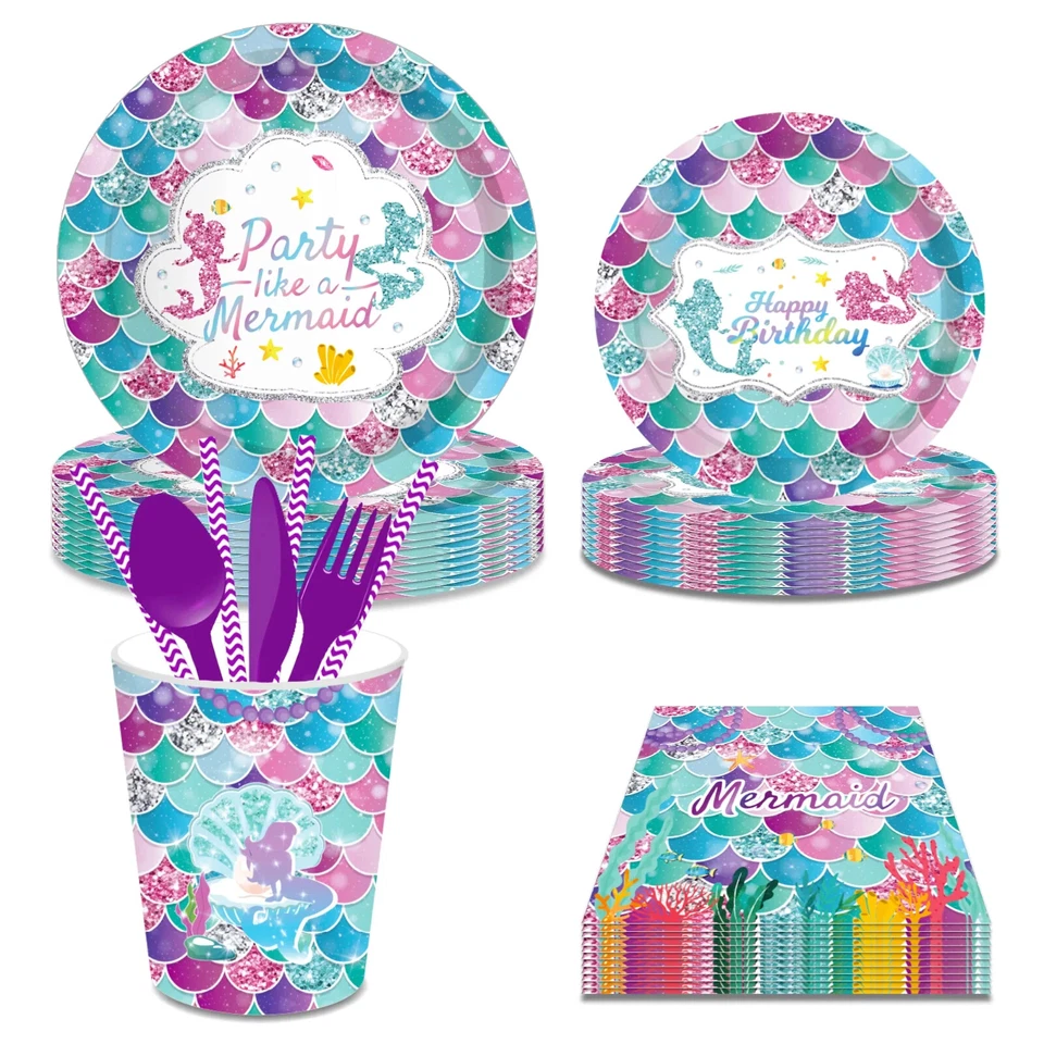 Rainbow Mermaid Party Tableware 81 Pcs Dinnerware Birthday Party Supplies - Image 2 of 4