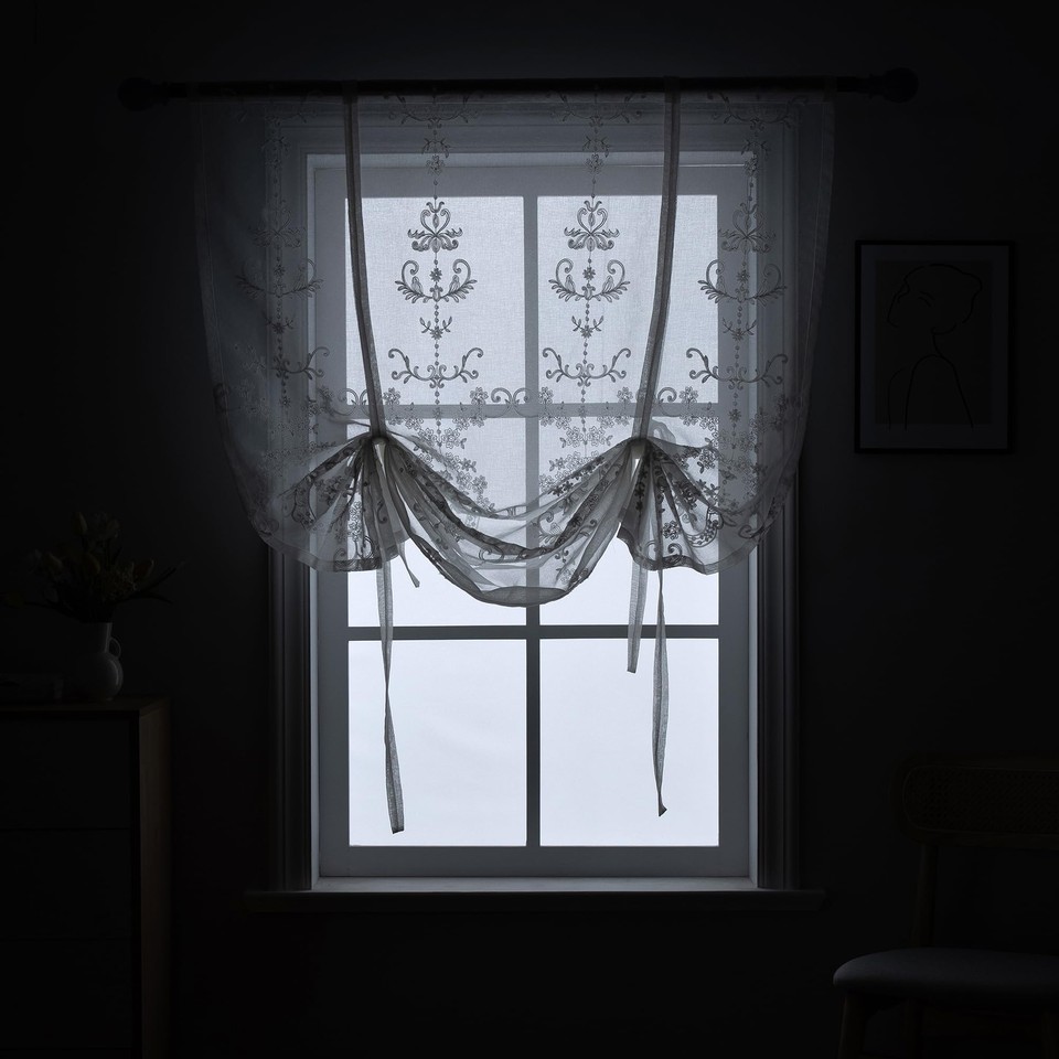 Sheer Tie Up Curtains for Bathroom Girls Bedroom Flower Embroidered