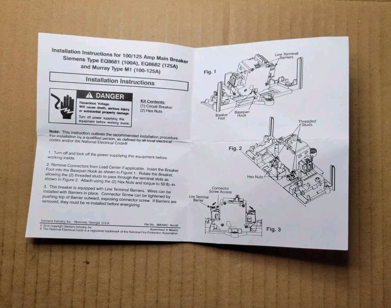 Siemens MBK100A 100A Main Breaker Conversion Kit Black Type EQ8681 - NEW!