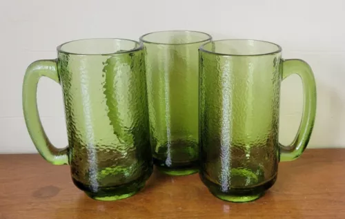 Vintage Hazel Atlas Orange Peel Avocado Green Mug Cup Beer Set