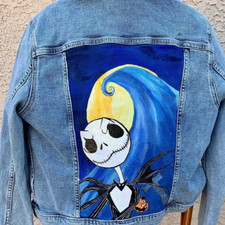 Hand-Painted Jack Skellington, Nightmare Before Christmas, Jean Jacket W size M
