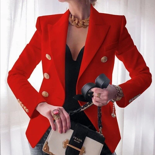 Zweireihiger Damen Blazer Mantel Langarm Revers formell schmale Jacke Oberbekleidung | - Bild 18 von 26