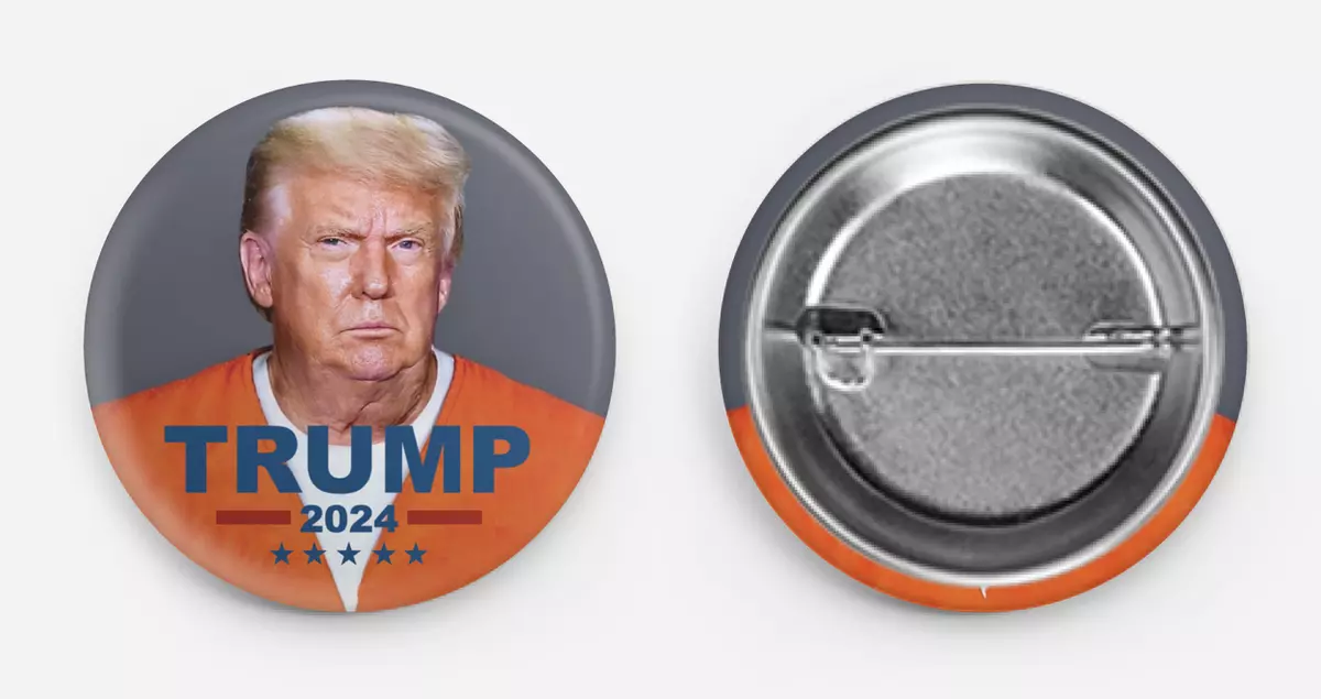 ANTI TRUMP PIN DONALD TRUMP JAIL 2024 POLITICAL PIN BUTTON 1.25