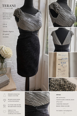 Terani Couture Cocktailkleid Perlen UK 10 silber schwarz gerafft Hochzeitsgast
