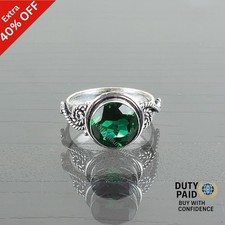 Round Green Emerald Gemstone Wife Handcrafted May Band Art Deco Ring 925 Silver