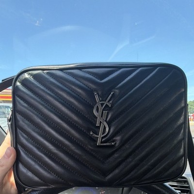 Saint Laurent Black Chevron Quilted YSL Logo Small Crossbody Zip Silver