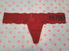 NWT Victoria's Secret PINK Lace-Trim Cotton Thong Panty-Cherry Red Bling M