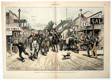 PAINTING THE TOWN RED, COWBOYS, HORSES, GUNS Antique hand colored engraving 1886
