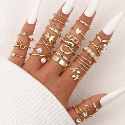 Schmetterling Blatt Tropf Öl Ring Set 21 Stück Silber Legierung Multi Joint St