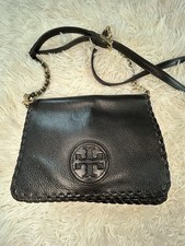Tory Burch Marion Whipstitch Black Leather Crossbody w/ Gold Chain Accent