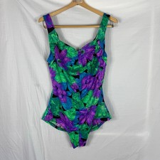 VTG 80s Maxine of Hollywood One Piece Swimsuit 16W Purple Blue Floral