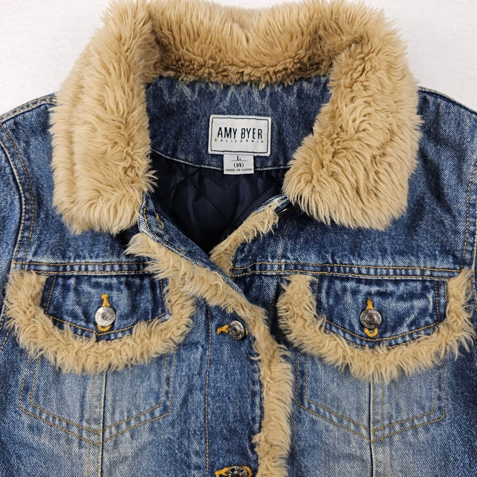 Denim Jean Jacket Girls 14 Faux Fur Trim Trucker Style Amy Byer California - Image 3 of 4