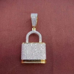 Authentic 14K Yellow Gold Plated Silver 3Ct Round Cut Real Moissanite Lock Charm Pendant