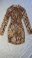Fashion Nova Gold Beige Sequin Mesh Bodycon Mini Dress Long Sleeve Small