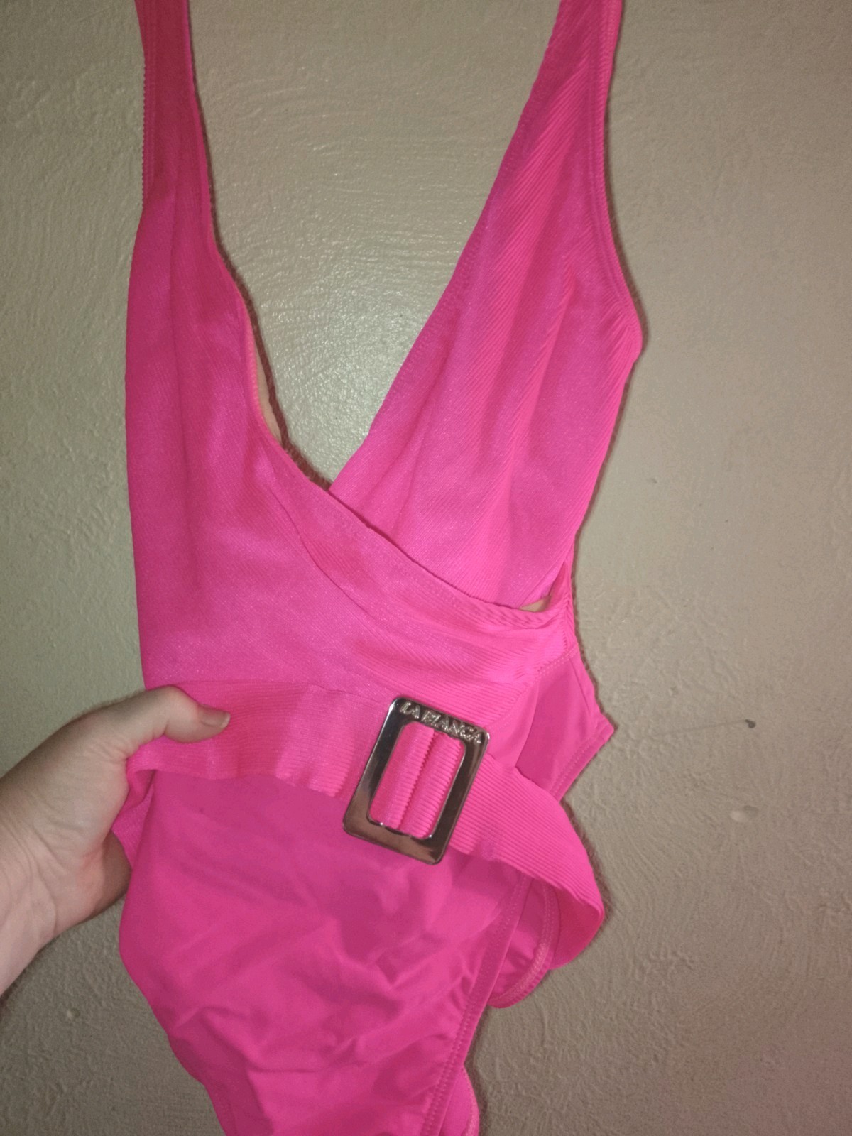 Vtg,La Blanca Women High Cut Swimsuit,Hot Pink,Belt, Crossover Neckline 90s,USA