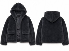 Black Teddy Sherpa Hooded Jacket Women's S Faux Fur Zip Up Fuzzy Fleece Coat
