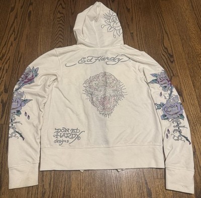 Ed Hardy Hoodie White Tiger Hood Graphic Zip Up Jacket Small Size