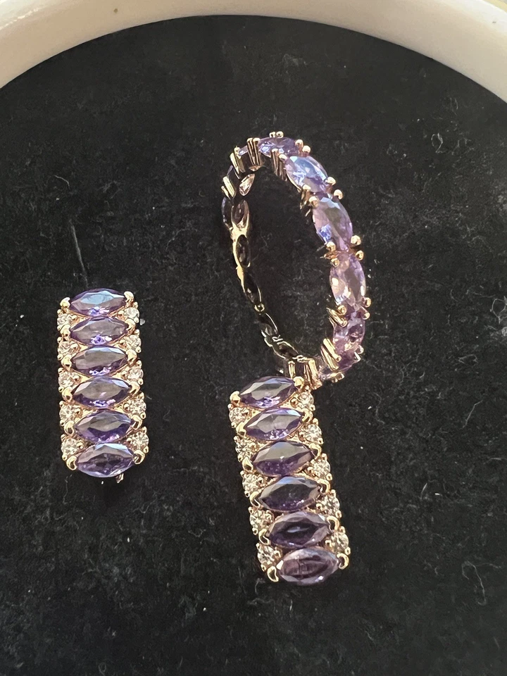 Nuevo Juego de 8 pendientes de anillo de amatista de circón natural enchapado en oro rosa de 14k para mujer Foto 3 de 4