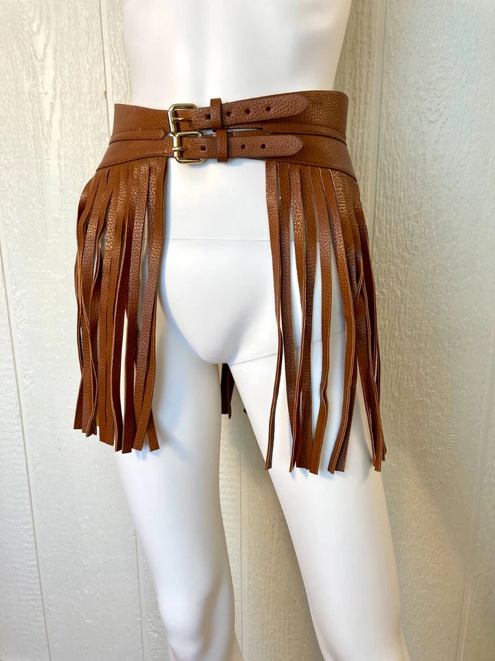 Cinturón BCBG Maxazria para mujer S marrón llamativo flecos cuero vegano doble hebilla Foto 3 de 4