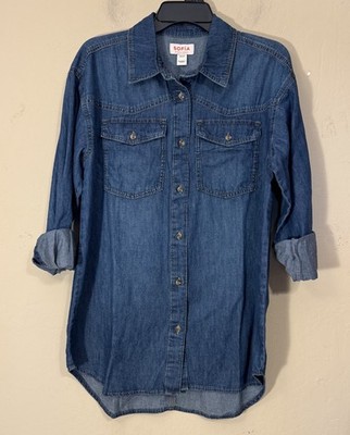 Sofia Vergara Boyfriend Oversized Tunic Shirt S(4-6) DarkWash Denim Chambray NEW