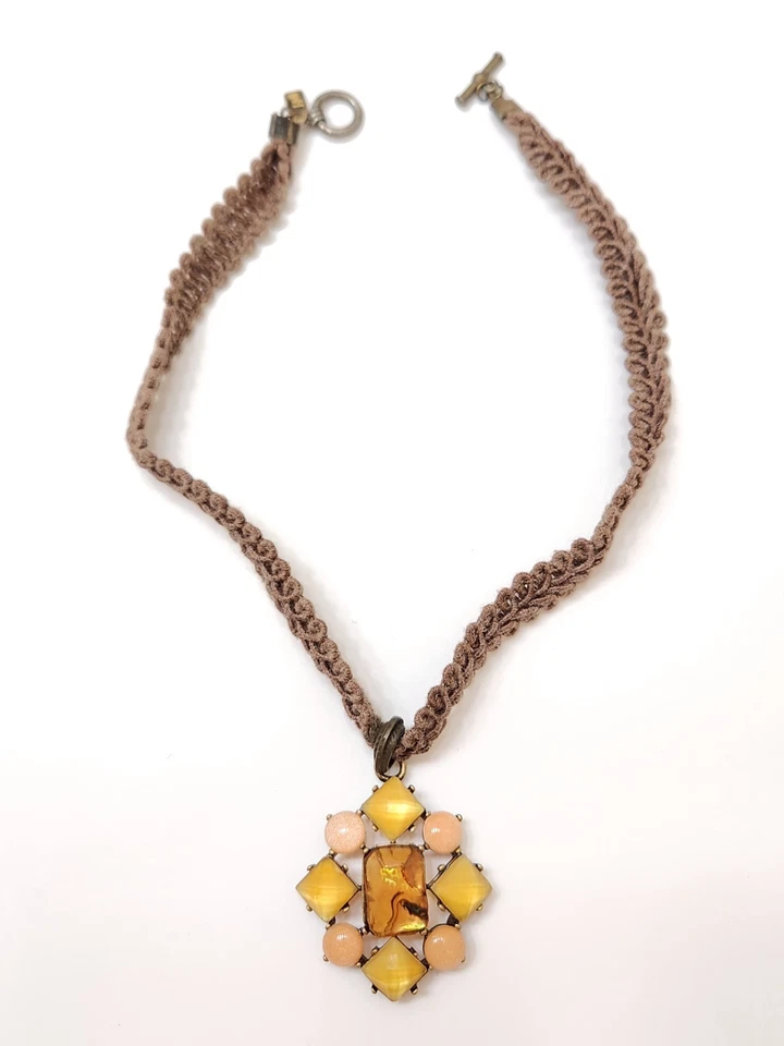 NUEVO COLLAR COLGANTE J JILL MARRÓN ALGODÓN AMARILLO ÁMBAR ABOLONE ROSA BRILLO DE COLECCIÓN Foto 2 de 4