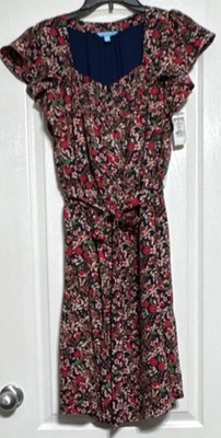 Draper James Women's Navy Floral Ruffle Tie Knee Length Dress Size Large