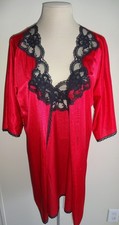 Vintage 1980s Cinema Etoile Red Black Lace Peignoir Set L Nightgown Gown Robe