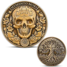 Memento Mori Coin - Skull & Tree of Life Design, Memento Vivere Theme, Display C