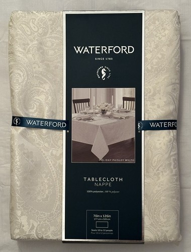 NEW WATERFORD TABLECLOTH 70 x 126 LUXURY JACQUARD IVORY PAISLEY SEATS 10-12