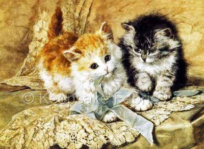 Two Cats & Ribbon & Lace Crazy Quilt Block Multi Szs