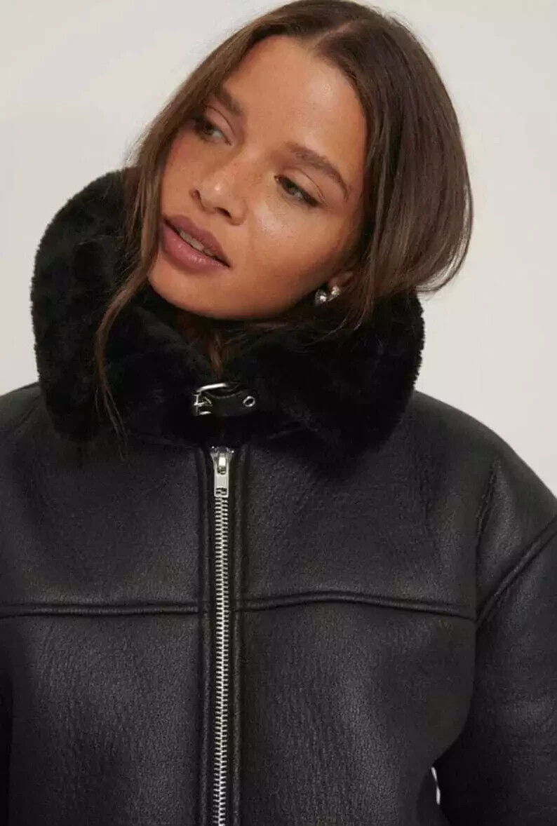 Women Fux Shearling Fur Jacket Black Aviator Real Leather Sheepskin Winter Coat