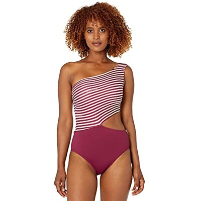 Michael Kors 277420 Logo Stripe One Shoulder Cutout Zipper Side Bottoms, Ruby 8