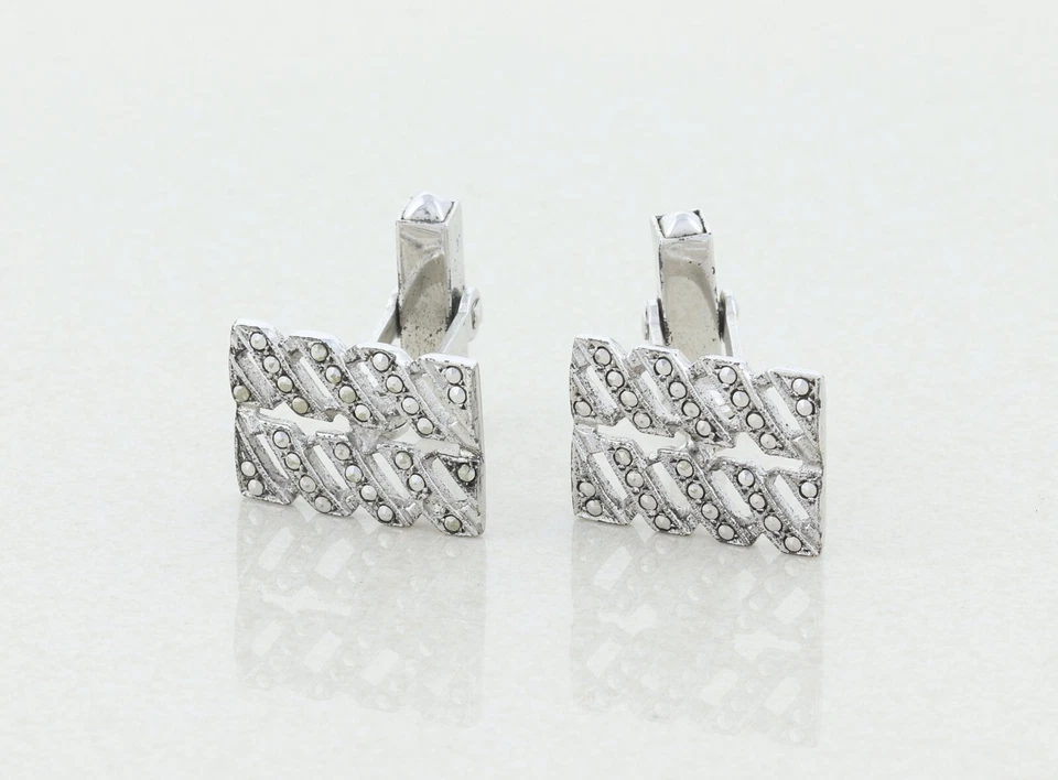 Gemelos vintage de plata esterlina con espalda de bala de marcasita para hombre Foto 4 de 4