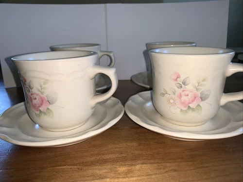 Pfaltzgraff Tea Rose Pattern Stoneware 8 Oz Coffee Tea Cups/Mugs Set of 4
