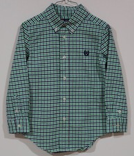 Chaps Boys Size 5 100% Cotton Green White Blue Check Button Down Shirt