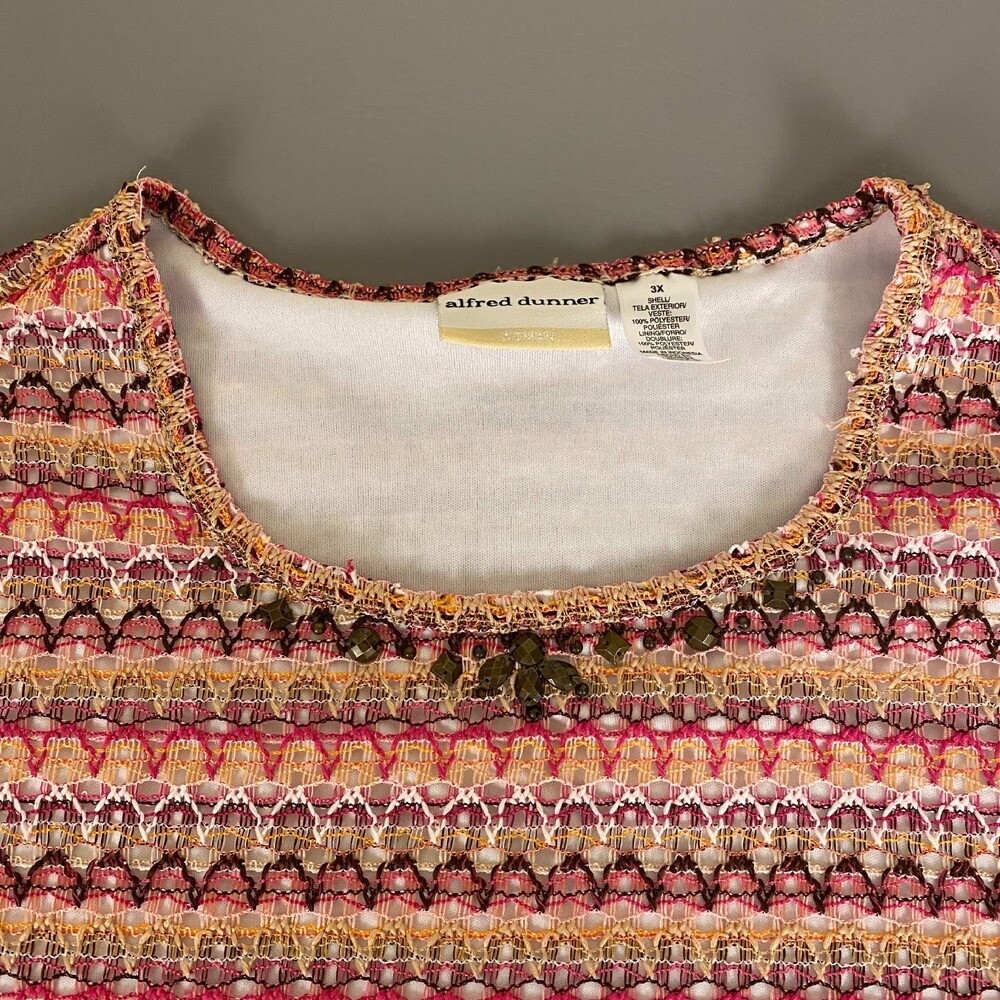 Alfred Dunner Tie-Front Knit Blouse Top Plus 3X Beaded Neckline Short Sleeve