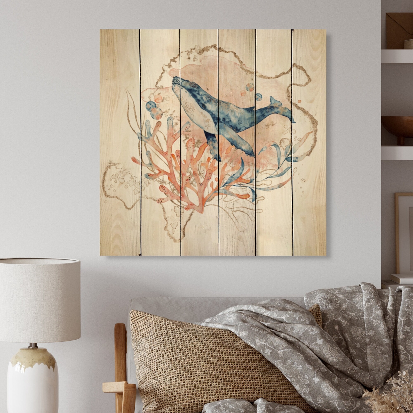 Designart 'Painted Whale Portrait In Reef' Nautical & Coastal Wood Wall Art -