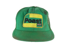 Vintage 70s Thrashed Poast BASF Spell Out Patch Trucker Hat Snapback Green USA