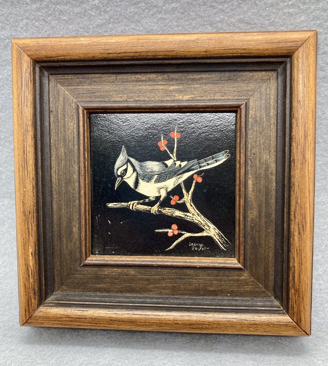 Vtg Jeanne Reifel Blue Jay Bird Flowers Scratchboard Small Art