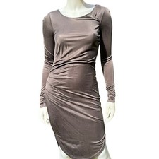 Halston Heritage Stretch Jersey Dress 4 Shirred Bodycon Taupe/Gray Party FLAW