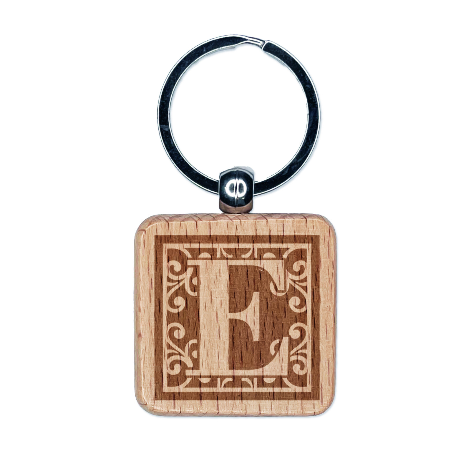 Monogram Swirls Letter E Engraved Wooden Square Keychain Charm Tag