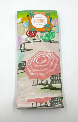 Unbranded Set of Two Kitchen Towels Beach Umbrellas Solid White 16''X26'' Cotton