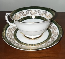 1930 Antique Fine Bone China Crown Staffordshire England Tea Cup Set Dark Green